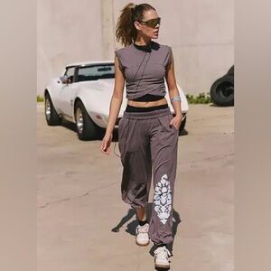 FP Movement by Free People Gray Track Pants with White Floral Design